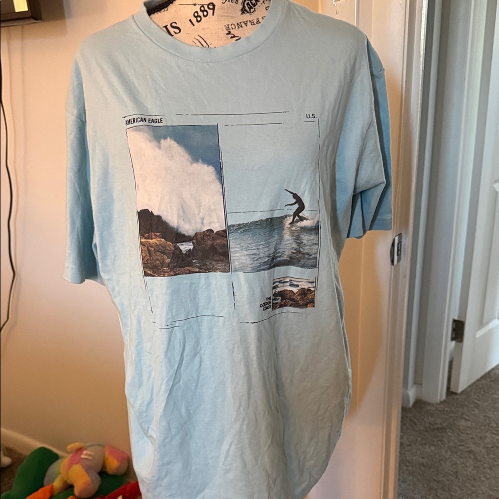 American Eagle Light Blue Surf Photo Collage Tee